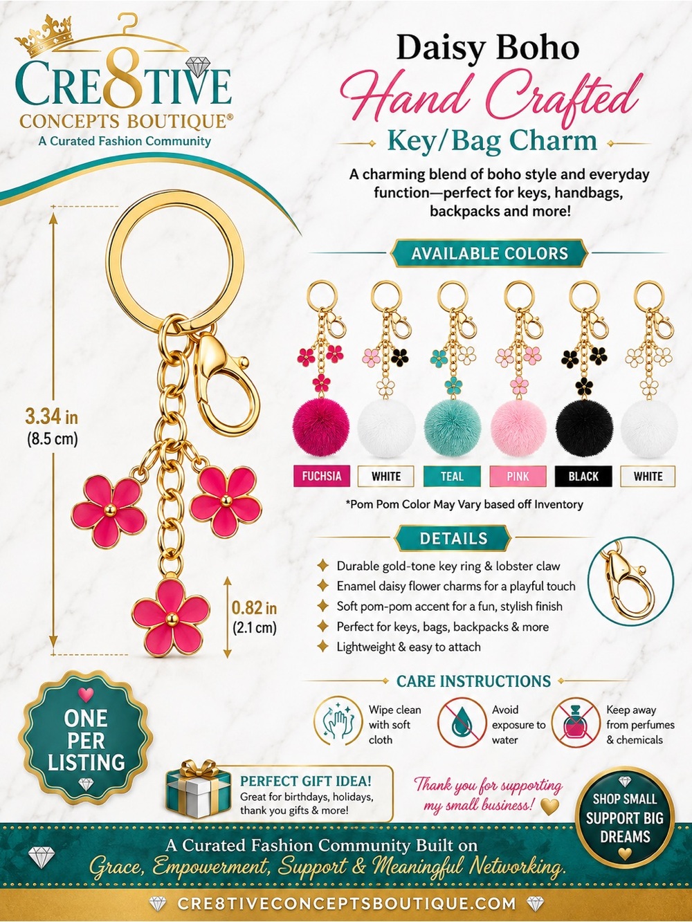 Daisy Boho Hand Crafted Pom-Pom & Daisy Flower Key/Bag Charm - One